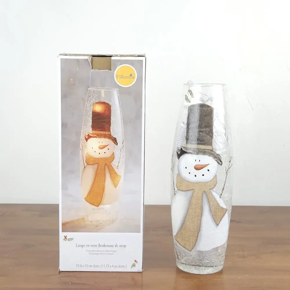 Pier 1 Imports Snowman Glass Hurricane Lamp Christmas Cottage Whimsical Country